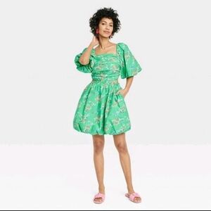 Floral Green Cut-Out Puff Sleeve Dress